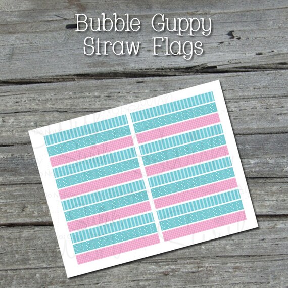 Bubble-themed Editable blue pink STRAW FLAGS - Guppy Starfish Goldfish Bubbles - EDITABLE - Instant Download Il_570xn