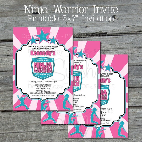 Printable Ninja Birthday Invitation | Girl Gymnastic Parkour Obstacle Course Invite | Pink Teal Aqua | 5x7 Invite | Digital Party Il_570xn