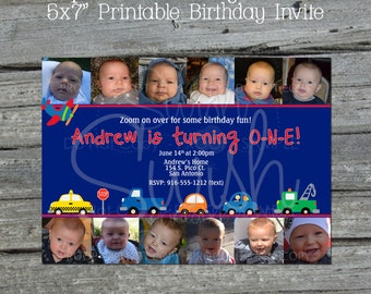 Printable Cars and Trucks First Birthday Digital Invitation | taxi car tow truck | Photo Collage | Digital | 1st birthday party Invite