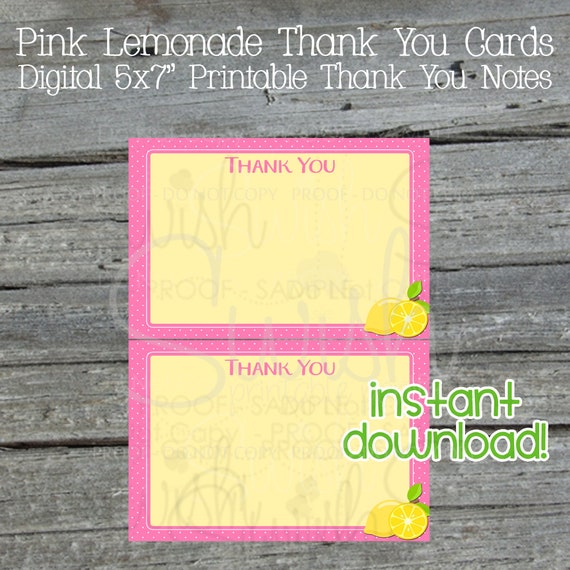 Pink Lemonade Printable Thank You Cards | Summer Sunshine Fun | First Birthday | 1st 2nd Girl | Lemon Pink Mason Jar yellow Pink | 5x7 Il_570xn