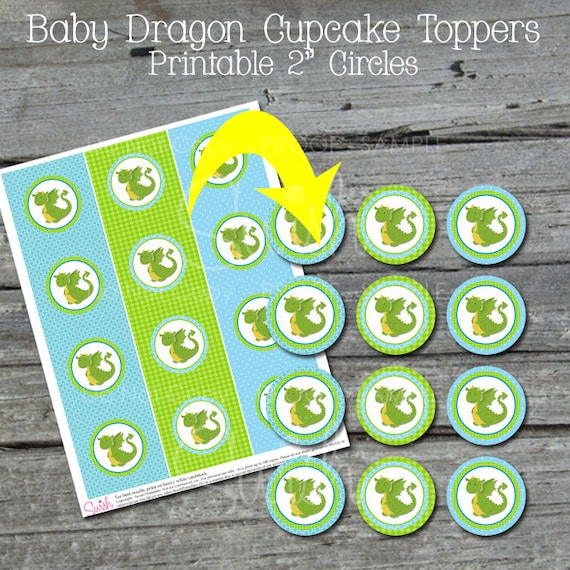 Printable Baby Dragon Cupcake Toppers | Dragon Birthday party circles | green teal aqua blue | 1st Birthday Party | Instant Download Il_570xn