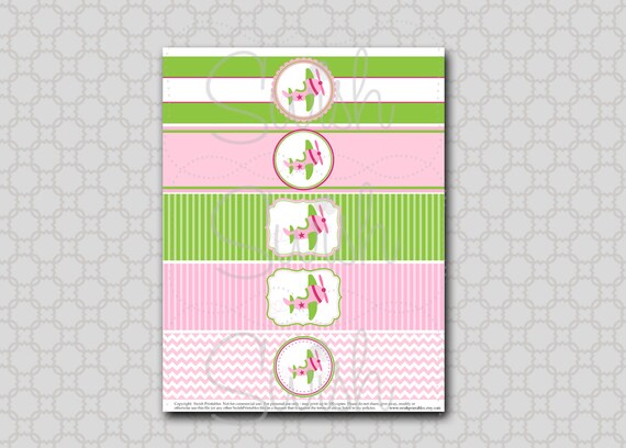 Airplane Water Bottle labels - Plane Party - Transportation Cute Girls - Pink and Green - INSTANT DOWNLOAD Il_570xn