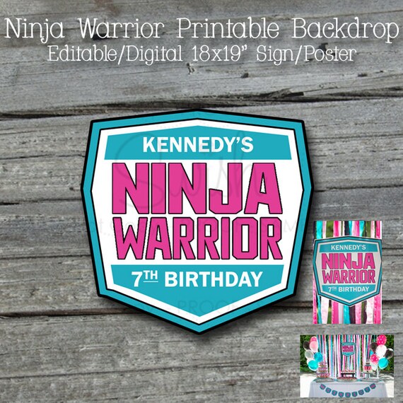 Ninja Backdrop | Ninja themed printable badge sign | pink white and teal blue | dessert table | Girl Warrior | instant download Il_570xn