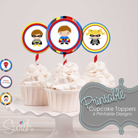Printable Super Hero Cupcake Toppers | SuperHero Party Circles | 2 inch round labels | Spiderman Batman Batgirl Supergirl | Instant Download Il_570xn