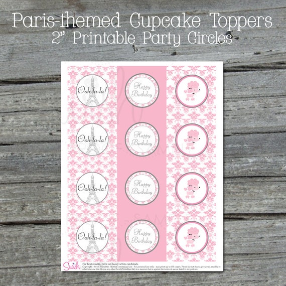 Paris Printable Cupcake Toppers | Digital 2" Party Circles | Paris Poodle Eiffel Tower | Birthday Shower | Digital | Instant Download Il_570xn