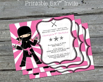 Printable Ninja Birthday Invitation for girls | Ninja Party Invite | Digital Download | brunette blond redhead | Printable | pink | AA