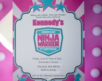 Printable Ninja Birthday Invitation | Girl Gymnastic Parkour Obstacle Course Invite | Pink Teal Aqua | 5x7 Invite | Digital Party