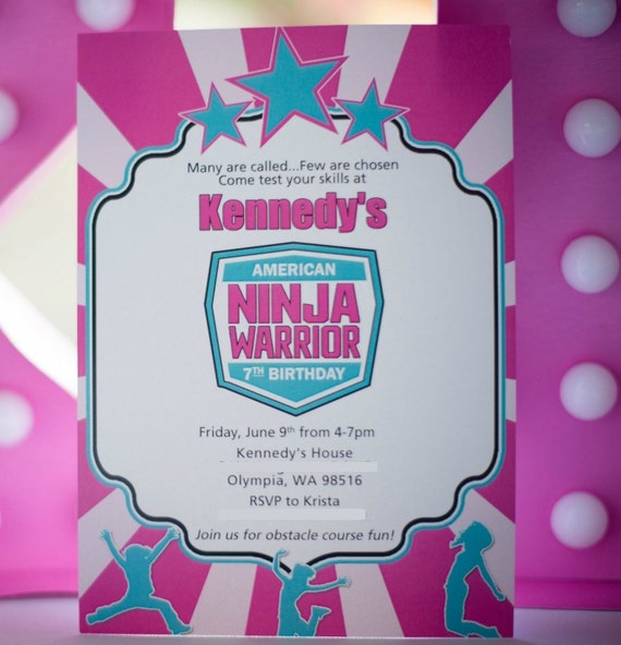 Printable Ninja Birthday Invitation | Girl Gymnastic Parkour Obstacle Course Invite | Pink Teal Aqua | 5x7 Invite | Digital Party Il_570xn