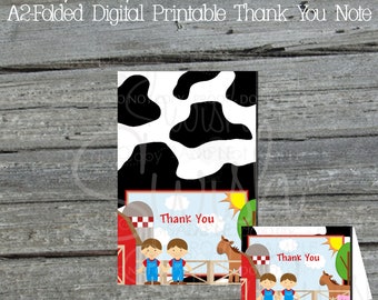 Farm Barn Folded  Thank you Card | Digital Printable Twin Birthday | Barn Cow Horse Pig Chicken Thank you note |  INSTANT DOWNLOAD
