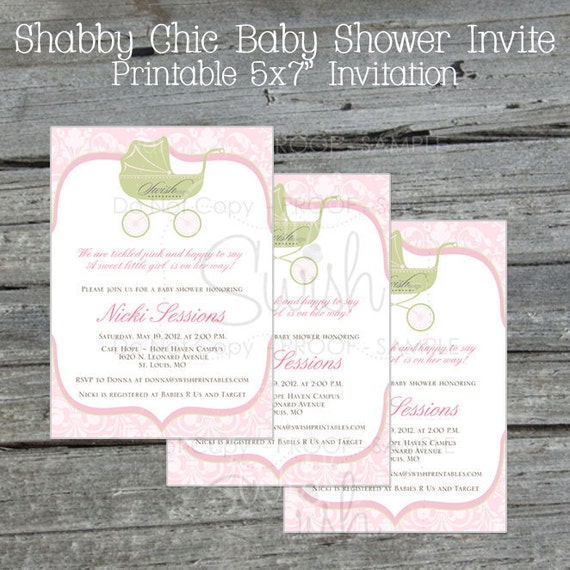 Shabby Chic Baby Shower Invitation | Baby Carriage Invite | Classic Elegant Printable invite | Damask | Pink | Green | Sip and See | Pretty Il_570xn