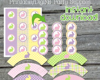 Easter Bunny Printable Cupcake Toppers and Wraps | 2 inch circles | Cute Bunny Party Decorations |Digital | Pink Green Purple Yellow
