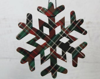 gold green white plaid paper+chipboard Snowflake die cuts 10 tartan plaid Christmas snowflakes window decor black Use as ornaments