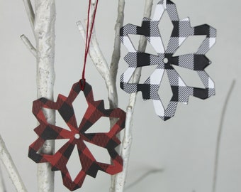 gold green white plaid paper+chipboard Snowflake die cuts 10 tartan plaid Christmas snowflakes window decor black Use as ornaments
