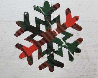 gold green white plaid paper+chipboard Snowflake die cuts 10 tartan plaid Christmas snowflakes window decor black Use as ornaments