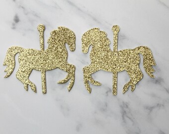 12 Carousel HORSES denim hearts /& silver glittered chipboard die cuts 4 x 3 3//8