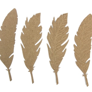 May include: Four brown paper feathers with a textured design. The feathers are cut out and have a pointed tip.