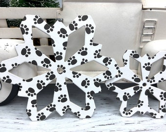 9 Paw Print Snowflake Decorations - Pet Christmas Ornaments - Paper + chipboard snowflake decor