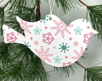 4 Christmas birds pink and blue snowflake - Paper + Chipboard Ornament Birds - Window or tree decor, gift topper