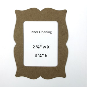 May include: A brown wooden picture frame with a decorative, scalloped edge. The frame has an inner opening that measures 2 3/8 inches wide by 3 1/8 inches high.