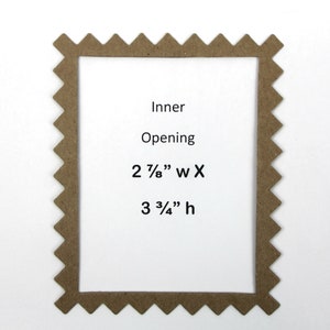 May include: A brown paper frame with a scalloped edge. The inner opening measures 2 7/8" wide by 3 3/4" high.