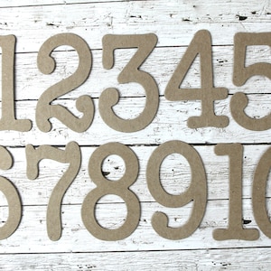 May include: Ten brown cardboard numbers, 1 through 10, with a decorative, handwritten font. The numbers are cut out and have a rough, unfinished texture.