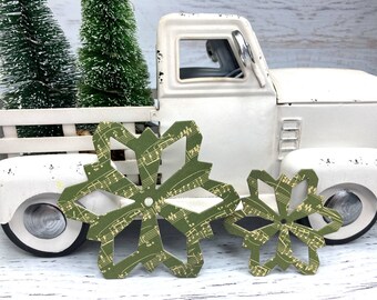 11 Music Snowflake Die Cuts - Olive Green and Cream Snowflakes - Paper + Chipboard Handmade Die Cuts - Use as ornaments, gift toppers