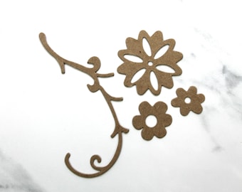 3 Flower & Branch Die Cuts - Bare chipboard flowers - Die cut Flower and separate vine - stems