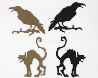 4 Raven-Crow and Cat Halloween Die Cuts - Chipboard or Paper Halloween Die Cuts - Halloween Embellishments