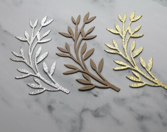 3 Leafy Branch Die Cuts - Branch with Leaves Die Cuts - Chipboard die cuts - Silver or Gold Glittered Leafy Stem - 2 3/4" x 5 5/8"