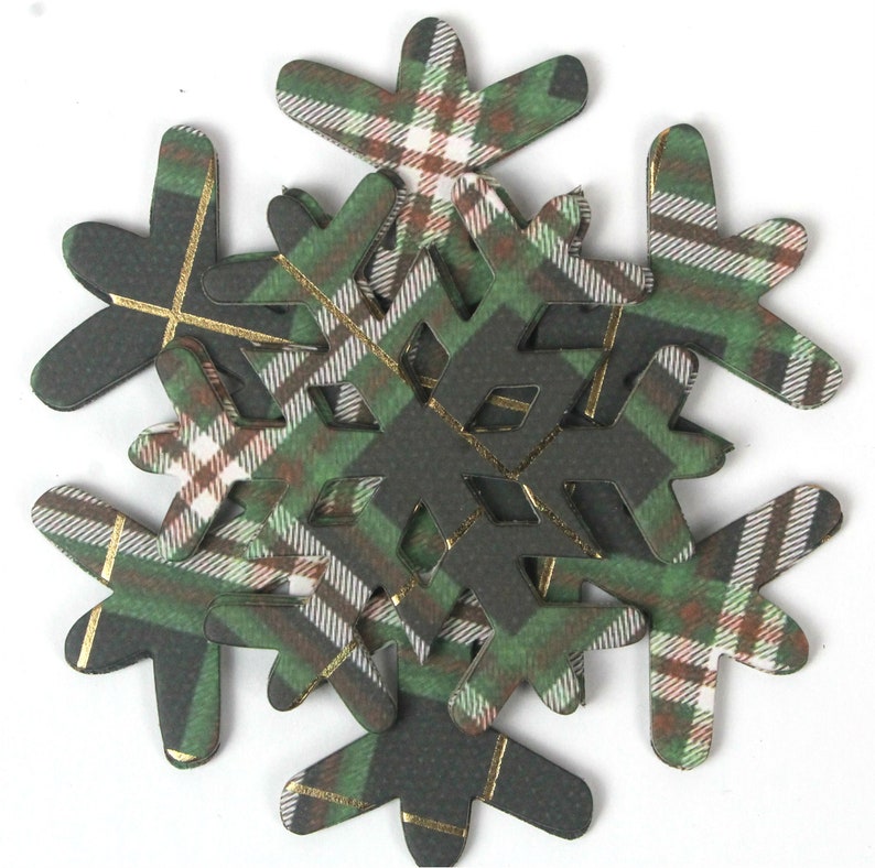 gold green white plaid paper+chipboard Snowflake die cuts 10 tartan plaid Christmas snowflakes window decor black Use as ornaments