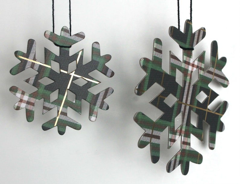 gold green white plaid paper+chipboard Snowflake die cuts 10 tartan plaid Christmas snowflakes window decor black Use as ornaments