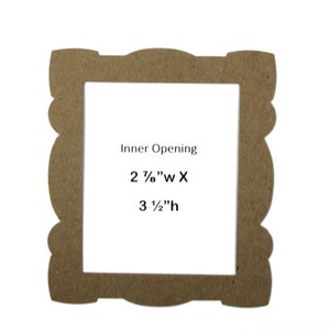 May include: A brown wooden picture frame with a decorative border. The inner opening measures 2 7/8 inches wide by 3 1/2 inches high.