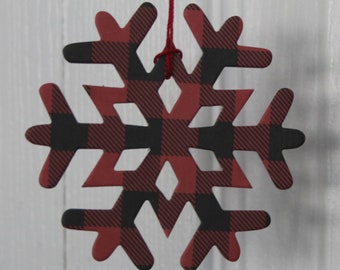 Buffalo plaid decor snowflake ornament - red-black OR white-black - paper + chipboard die cuts [choose size]