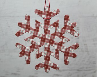 11 Mini Plaid Snowflake Decor || Snowflake Decorations || Plaid red and white snowflakes || paper + chipboard die cuts