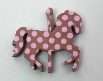 8 Small Carousel HORSES Brown and Pink polka dot chipboard covered die cuts 3 1/8" x 2 7/8" [8sAC]