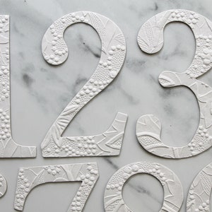 4&quot; White Embossed Number Set - Table Numbers 1-10 - White raised design floral handmade paper + chipboard