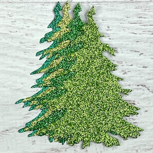 Green Glittered Evergreen Paper Tree Die Cuts - 4 Shades of Green Glitter - Paper Embellishments - Scrapbooking Card Making Christmas Trees