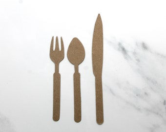 6 Cutlery Die Cuts - Bare chipboard Fork, Knife and spoon die cuts - Choose Quantity