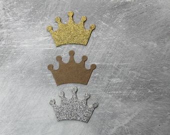 Choice of 4 gold glittered, 4 silver glittered or 4 Bare chipboard die cuts Small Crown 2 3/4" wide