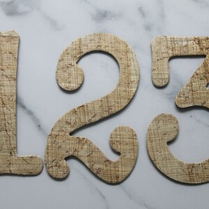 May include: Three wooden numbers, 1, 2, and 3, with a textured, burlap-like surface. The numbers are in a light brown color.