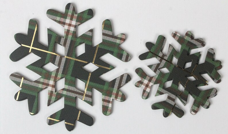 gold green white plaid paper+chipboard Snowflake die cuts 10 tartan plaid Christmas snowflakes window decor black Use as ornaments