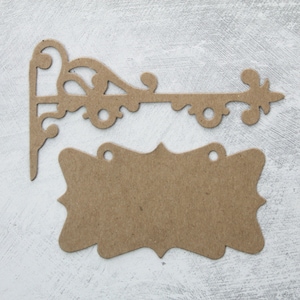 3 hanging sign and post die cuts - Bare chipboard sign and scroll hanger 4 7/8&quot; wide