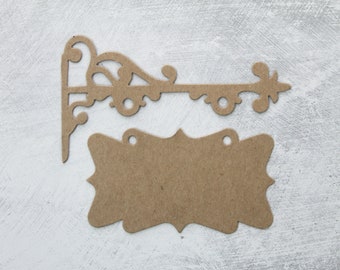 3 hanging sign and post die cuts - Bare chipboard sign and scroll hanger 4 7/8" wide