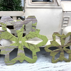 11 olive woodgrain paper snowflakes - Weathered wood design paper + chipboard Snowflake die cuts - use as ornaments, garlands+