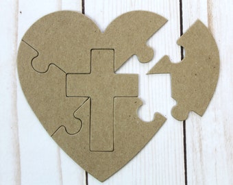 5 Piece Heart with Cross Shaped Jigsaw Puzzle Bare chipboard die cuts 4 3/8" x 4 1/2" BULK amounts