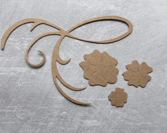 3 Flourishes - Bare chipboard die cuts large swirl flourish with 3 separate flowers