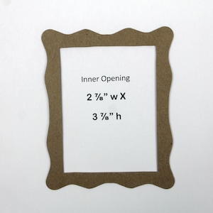 May include: A brown wooden picture frame with a wavy edge. The inner opening is 2 7/8" wide by 3 7/8" high.