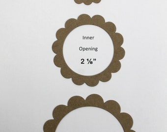 3 Scalloped Circle Frames - Bare chipboard scalloped round frame die cuts graduated sizes 4, 3, 2 inches one of each