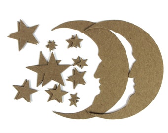 2  chipboard crescent moon w/18 star die cuts - Moon die cuts - Celestial Chipboard  3 3/8" w x 4 1/4" tall