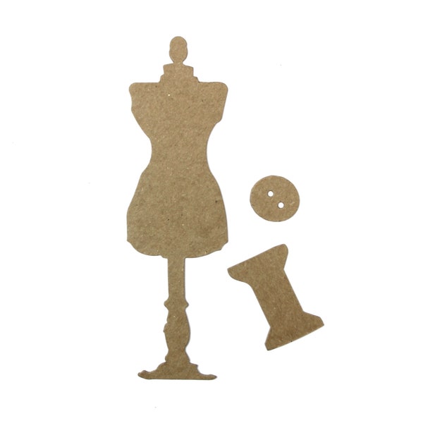 3 Sewing Dress Form Die Cuts - Seamstress button, spool dress mannequin chipboard die cuts 1 3/4"w x 6 1/8" h